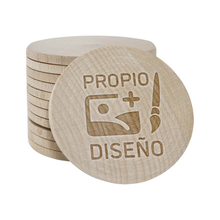 Fichas de madera grabadas personalizadas Ø51 mm - 50 unidades