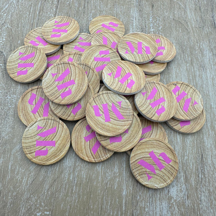 Fichas personalizadas con patrón de madera Ø29 mm - 100 unidades