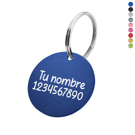 Llavero de aluminio redondo nombre y numero telefonico Ø35mm - Por unidad