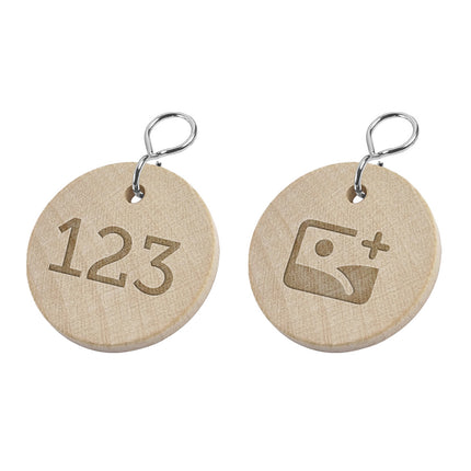 Llavero de madera redondo con numeracion y logotipo  Ø37mm - Por unidad