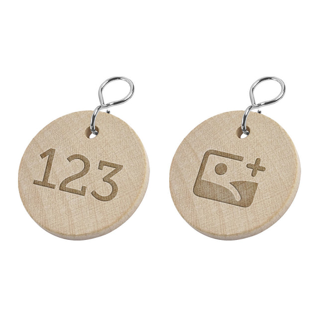 Llavero de madera redondo con numeracion y logotipo  Ø37mm - Por unidad