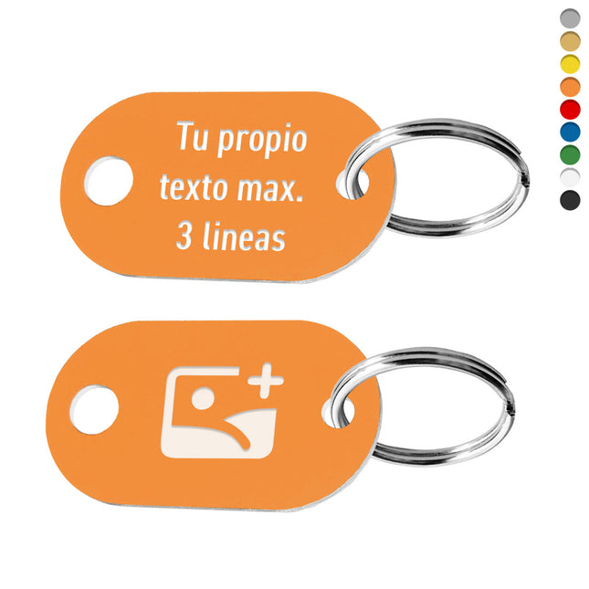 Llavero ovalado de acrilico con texto, logotipo y orificio para colgar - doble cara - Por unidad