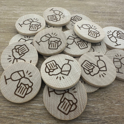 Fichas de cerveza y vino grabadas en madera Ø29 mm - 100 unidades