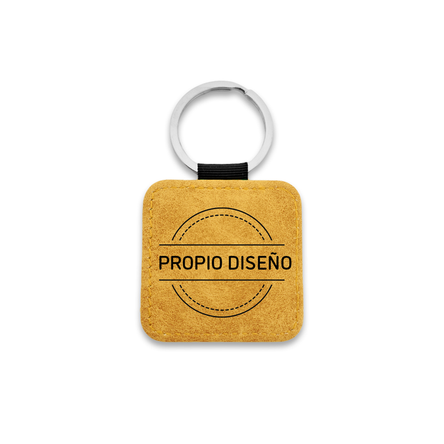 Llavero de cuero amarillo ocre con tu logotipo 50×50mm – Por unidad