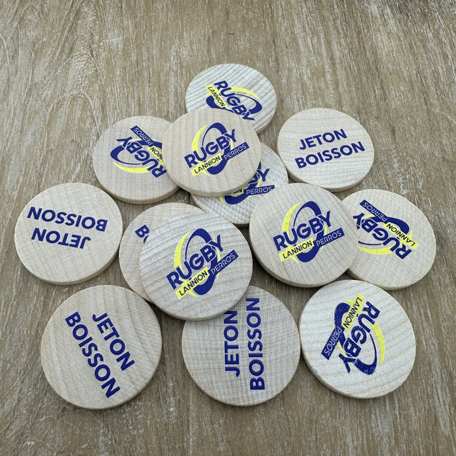 Fichas de madera personalizadas impresas Ø37 mm - 100 unidades