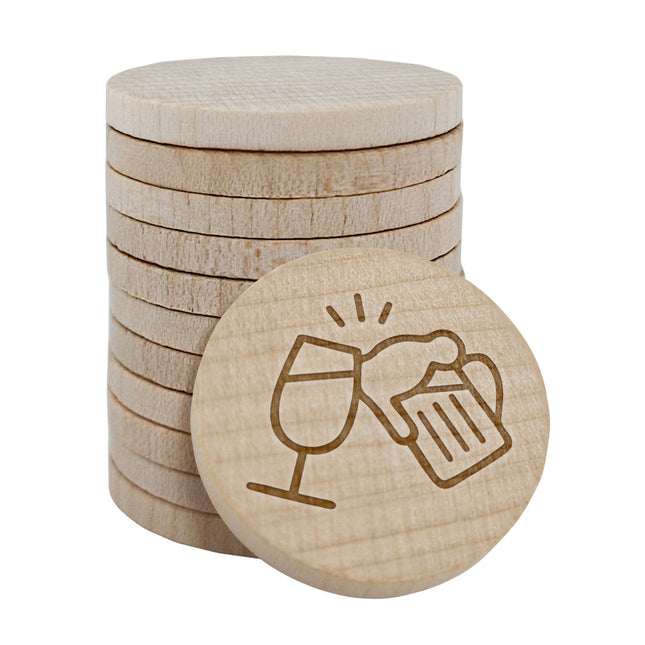 Fichas de cerveza y vino grabadas en madera Ø29 mm - 100 unidades
