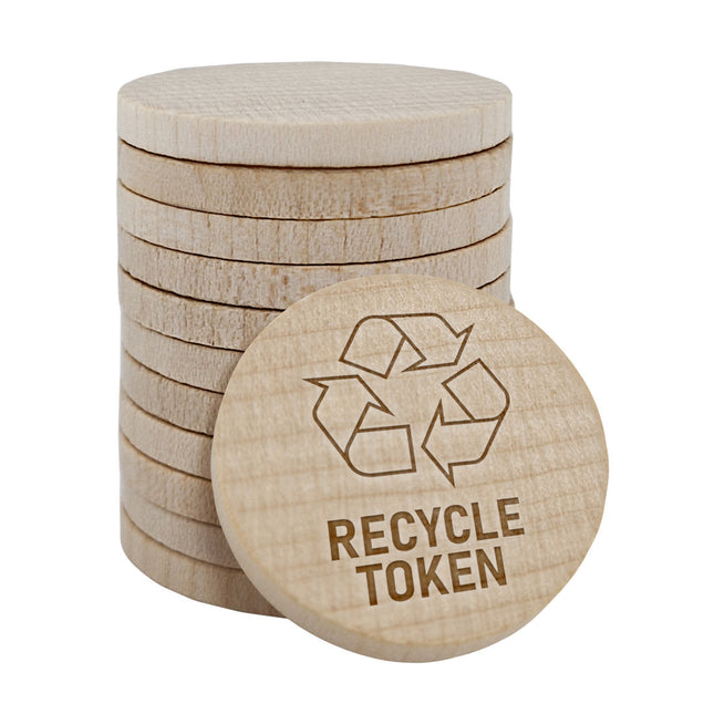 Fichas con RECYCLE TOKEN grabadas en madera Ø29 mm - 100 unidades